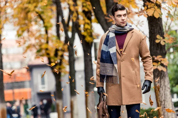 Schöner Stylischer Mann Mantel Spaziert Durch Herbstliche Straße — Stockfoto