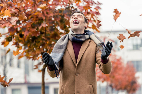 handsome laughing man in coat and scarf throwing up fallen leaves on street