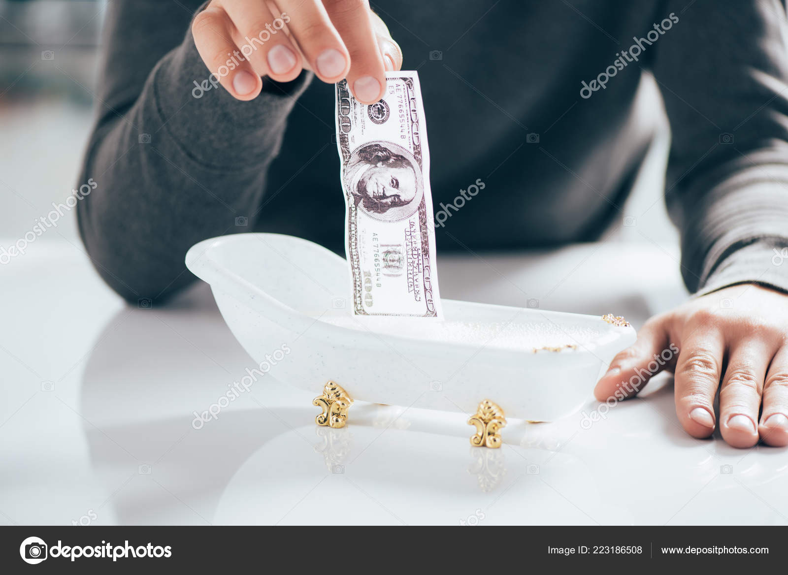 Partial View Man Washing Dollar Banknote Small Bathtub Money Laundering