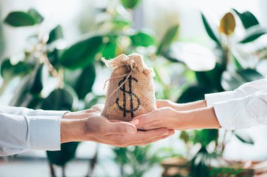 cropped shot of people holding sackcloth bag with dollar sign in hands  clipart