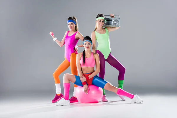 Happy Sporty Girls Sports Equipment Tape Recorder Grey — Stock Photo, Image