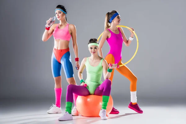 Sporty Young Women Hula Hoop Dumbbells Fit Ball Bottle Water — Stock Photo, Image