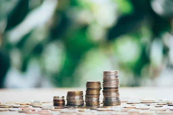 Close View Stacked Coins Table Top Blurred Background — Stock Photo, Image