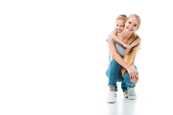 Little Son Hugging His Beautiful Mother Looking Camera Isolated White — Stock Photo, Image