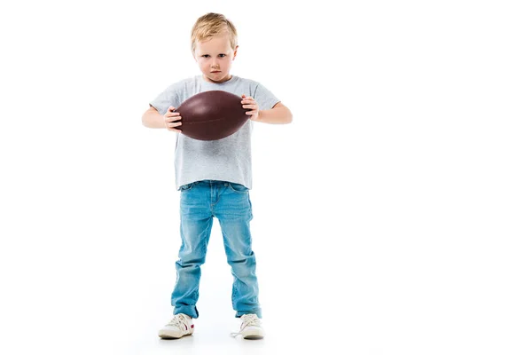 Jongetje Holding Rugbybal Geïsoleerd Wit — Stockfoto