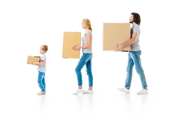 Stylish Parents Son Holding Boxes Isolated White — Stock Photo, Image