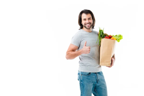 Adult Man Shopping Bag Showing Thumb Isolated White — ingyenes stock fotók