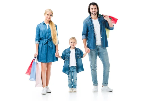 Lovely Family Colourful Shopping Bags Holding Hands Isolated White — Stock Photo, Image