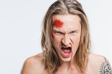 close up of angry shouting man with bloody wounds on face isolated on white clipart