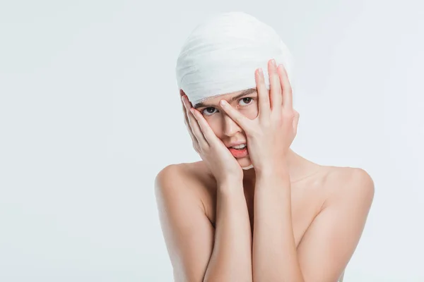 Naked Woman White Bandages Hands Face Isolated White — Free Stock Photo