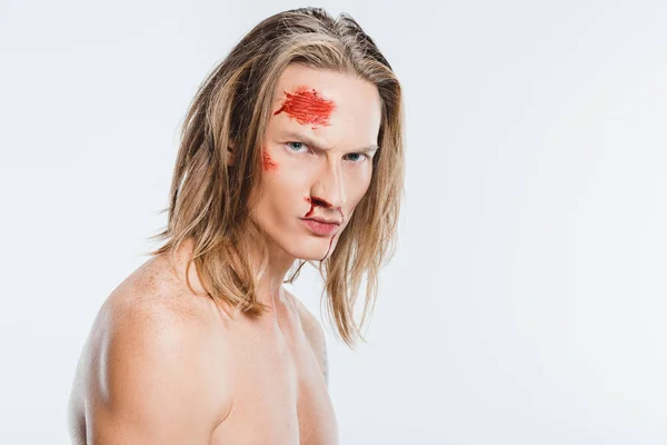 Serious Angry Naked Man Blood Face Isolated White — Free Stock Photo