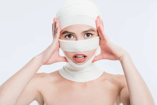 Close Woman Bandages Head Plastic Surgery Isolated White — Stock Photo, Image