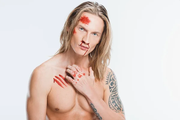 Naked Handsome Man Bloody Wounds Skin Isolated White — Free Stock Photo