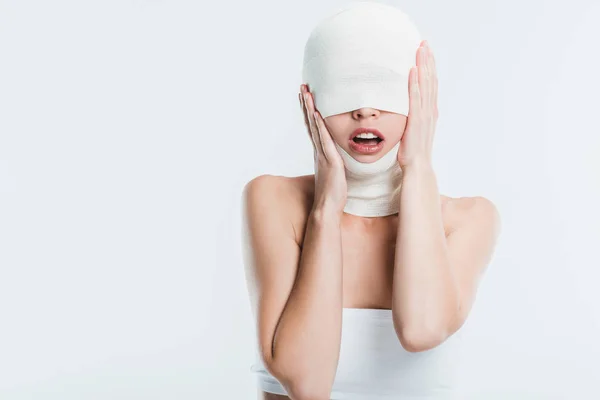 Frightened Woman Bandages Plastic Surgery Isolated White — Stock Photo, Image