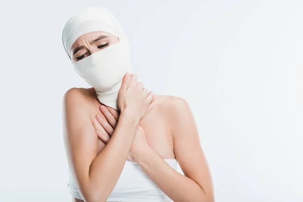 Painful Woman White Bandages Face Head Isolated White — Stock Photo, Image