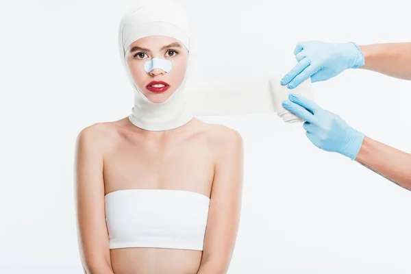 Surgeon Hands Taping Woman Plastic Surgery Isolated White — Stock Photo, Image