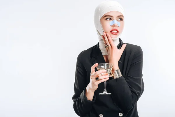 Stylish Woman Bandages Head Holding Glass Cocktail Touching Face Isolated — Stock Photo, Image