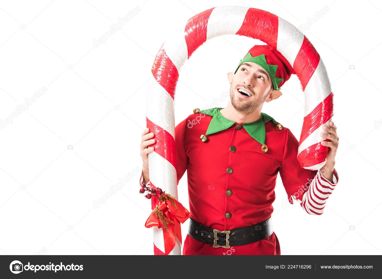 Ευτυχισμένος Άνθρωπος Στο Κοστούμι Χριστουγέννων Ξωτικό Που Στέκεται Κάτω  Από — Φωτογραφία Αρχείου © EdZbarzhyvetsky #224716296