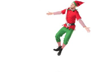 happy man in christmas elf costume jumping isolated on white background clipart