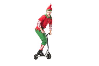 heyecanlı adam Noel elf kostümü itme-döngüsü üzerinde beyaz izole üzerinde havada atlama