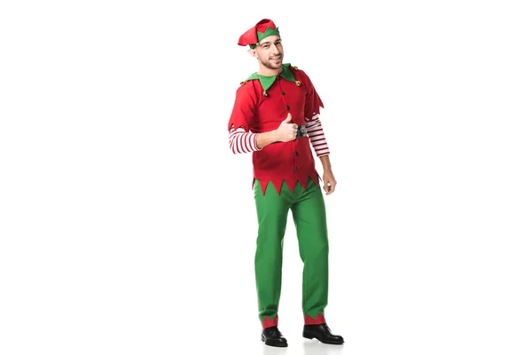 Man Kerst Elf Kostuum Doen Duimen Omhoog Teken Geïsoleerd Wit — Stockfoto