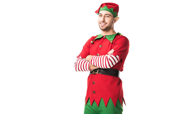 man in christmas elf costume with arms crossed looking at camera isolated on white