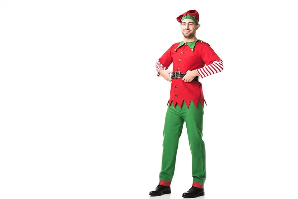 Usmívající Muž Vánoční Kostým Elf Při Pohledu Fotoaparát Rukama Bocích — Stock fotografie