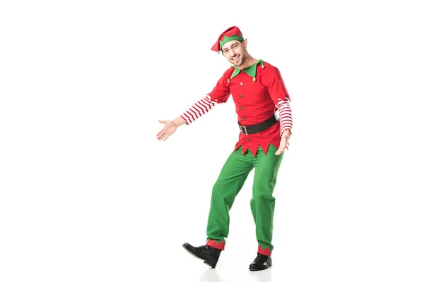 happy man in christmas elf costume with outstreched hands isolated on white
