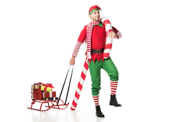 Smiling Man Christmas Elf Costume Carrying Sleigh Presents Big Candy — Stock Photo, Image