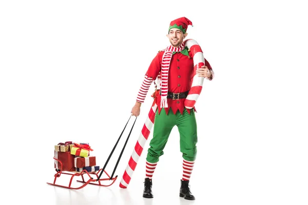 Happy Man Christmas Elf Costume Carrying Sleigh Presents Big Candy — Stock Photo, Image