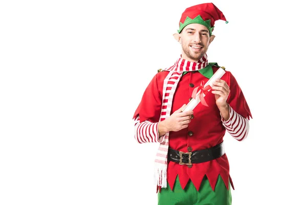 Tersenyum Manusia Natal Elf Kostum Memegang Wishlist Roll Terisolasi Atas — Foto Stok Gratis