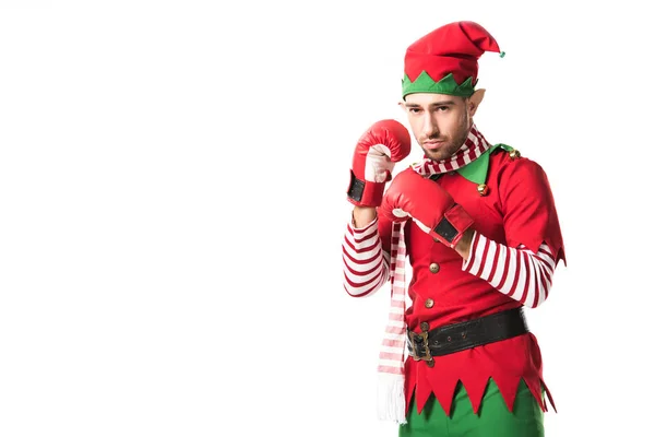 白で隔離赤いボクシング グローブを身に着けているクリスマスのエルフの衣装に焦点を当てた男  — 無料ストックフォト