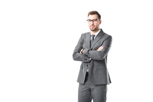 Adult Businessman Glasses Arms Crossed Isolated White — Free Stock Photo