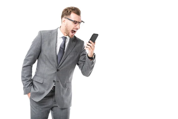 Angry Adult Businessman Shouting Smartphone Isolated White — Free Stock Photo