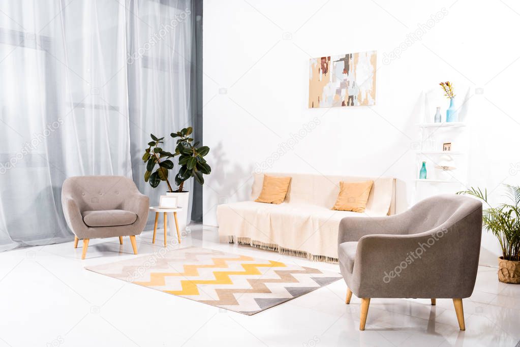 interior of modern living room with carpet, sofa and painting on wall 
