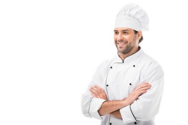 uzak üzerinde beyaz izole yakışıklı genç şef çapraz kollu arıyorsunuz