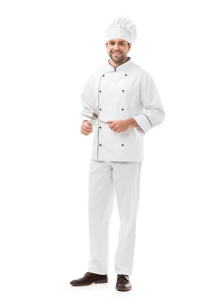 Happy Young Chef Holding Cutting Knives Looking Camera Isolated White — Stock Photo, Image