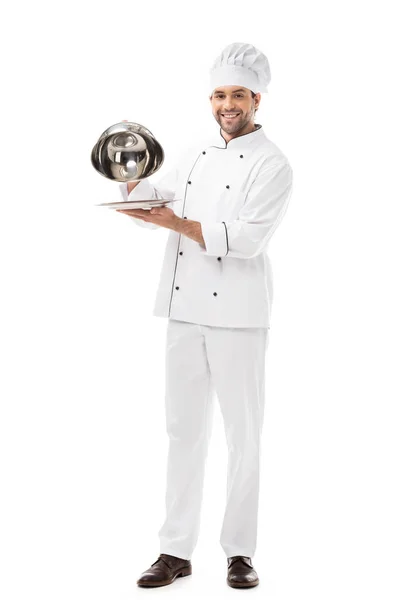 Happy Young Chef Taking Serving Dome Plate Looking Camera Isolated — Stock Photo, Image