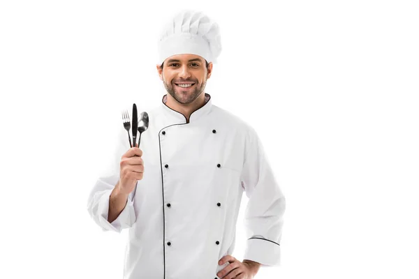 Happy Young Chef Holding Bunch Cutlery Isolated White — Free Stock Photo