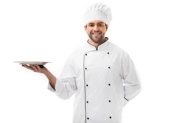 Smiling Young Chef Holding Empty Plate Looking Camera Isolated White — Stock Photo, Image