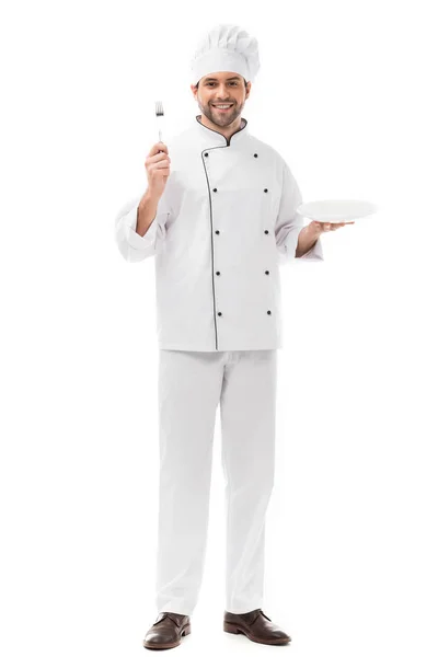 Heureux Jeune Chef Avec Plaque Fourchette Regardant Caméra Isolée Sur — Photo
