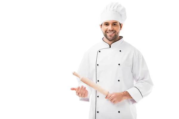 Smiling Young Chef Holding Rolling Pin Looking Camera Isolated White — Stock Photo, Image