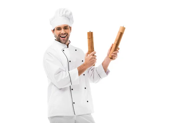 Happy Young Chef Dancing Bamboo Pepper Mills Isolated White — Stock Photo, Image