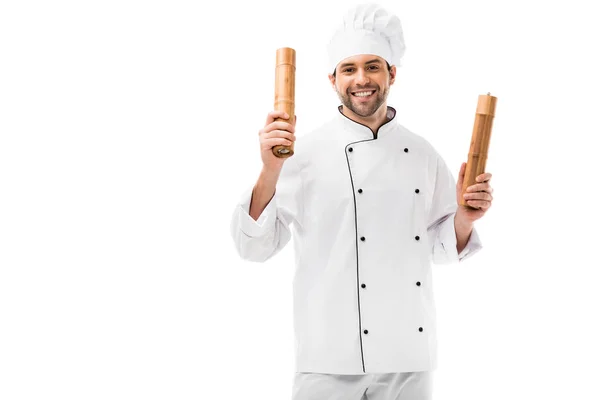 Smiling Young Chef Dancing Bamboo Pepper Mills Isolated White — Free Stock Photo