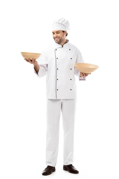 Handsome Young Chef Holding Bowls Isolated White — Stock Photo, Image