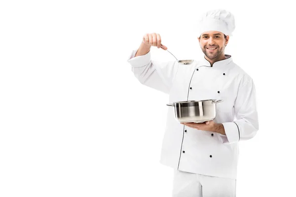 Smiling Young Chef Cooking Pot Ladle Isolated White — Free Stock Photo