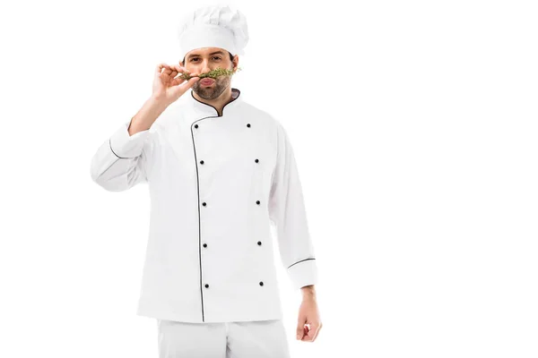 Handsome Young Chef Making Mustache Thymes Looking Camera Isolated White — Stock Photo, Image