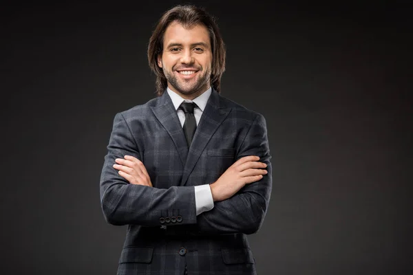 Handsome Happy Businessman Standing Crossed Arms Smiling Camera Isolated Black — Stock Photo, Image