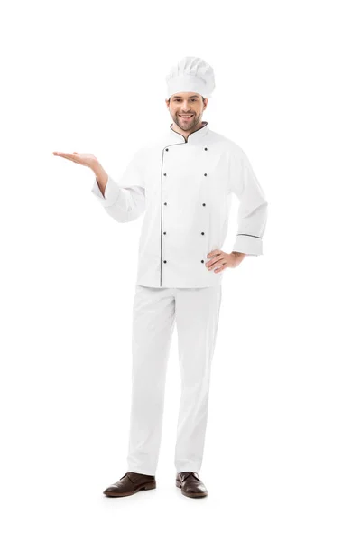 Full Length View Young Chef Showing Copy Space Smiling Camera — Stock Photo, Image