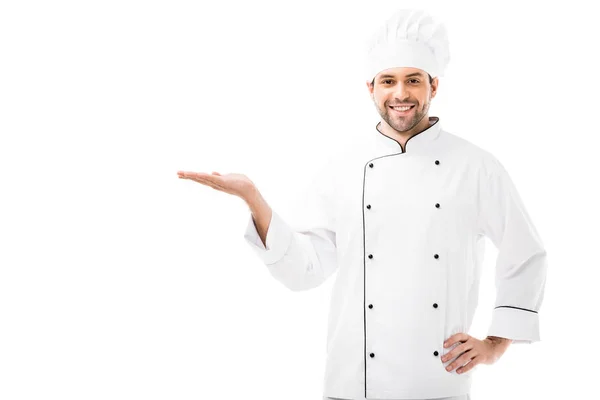 Handsome Young Chef Showing Copy Space Smiling Camera Isolated White — Stock Photo, Image